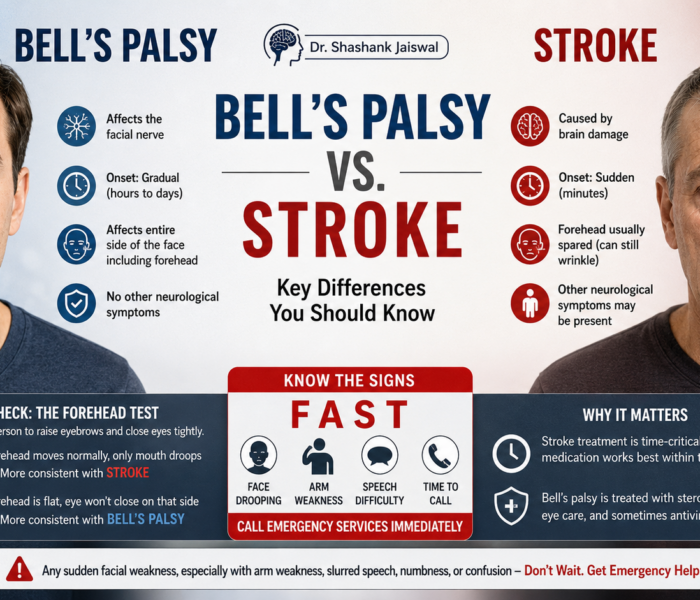 Bell's Palsy vs Stroke infographic showing facial paralysis differences, forehead test, FAST stroke signs, symptoms, and emergency warning by Dr. Shashank Jaiswal.